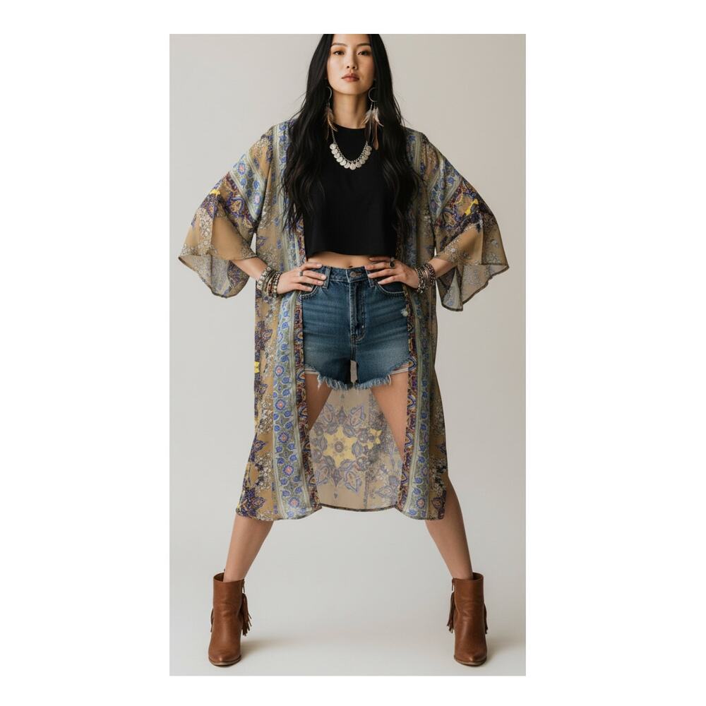 Bohemian Paisley Medallion Kimono Duster with Tulip Bell Sleeves size Small